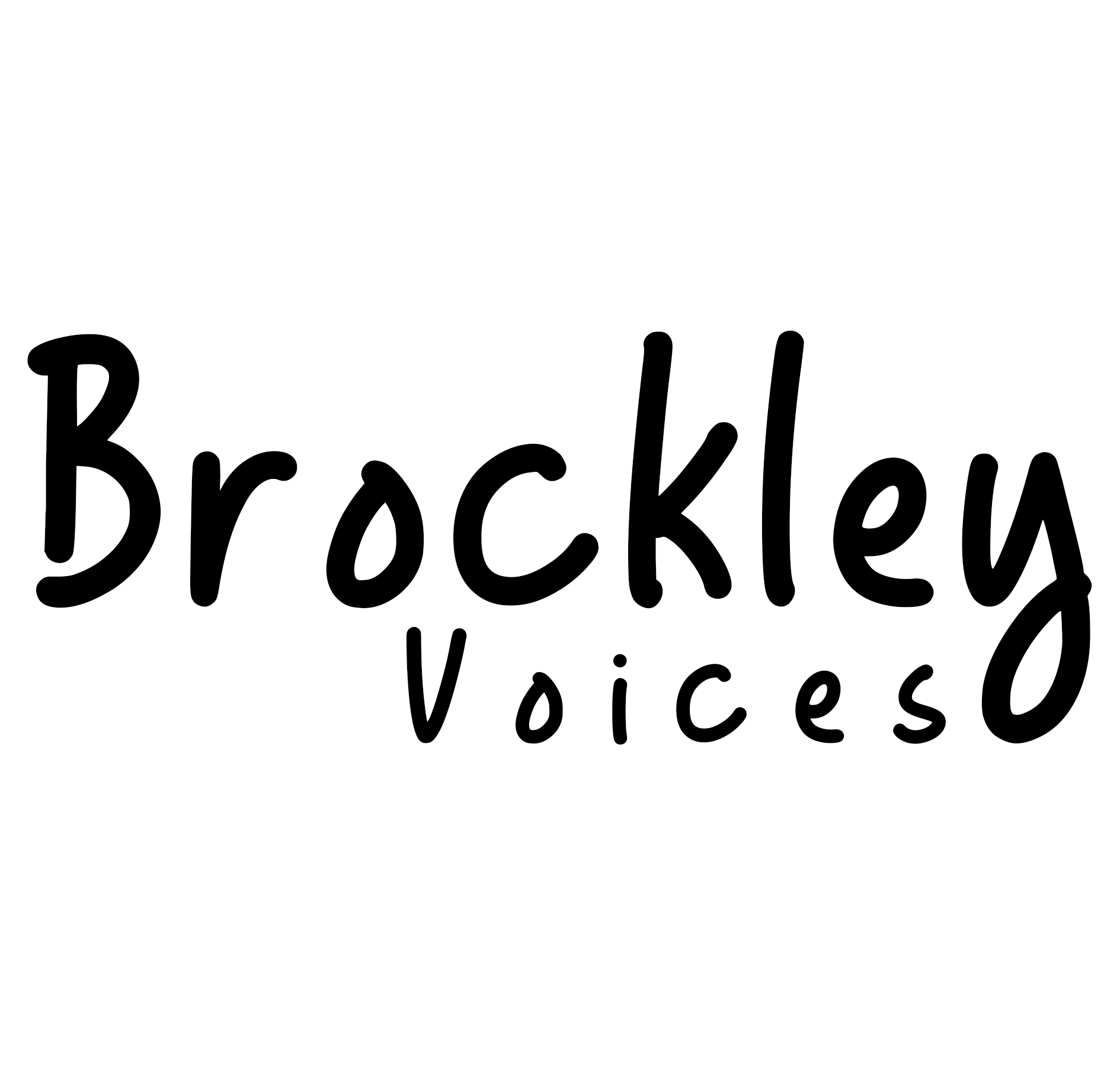'Brockley' with a smaller font 'Voices' underneath. Handwritten style.